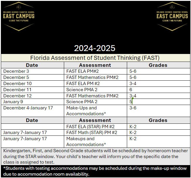 Orlando Science Charter School East Campus Testing Calendar